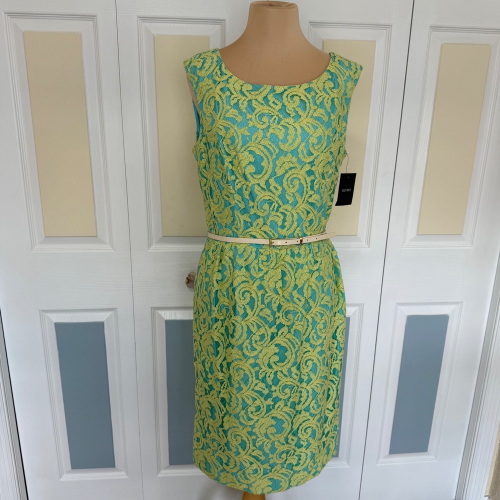NWT Ellen Tracy Lime Green Floral Lace Sheath Dress Turquoise Lining Size 10